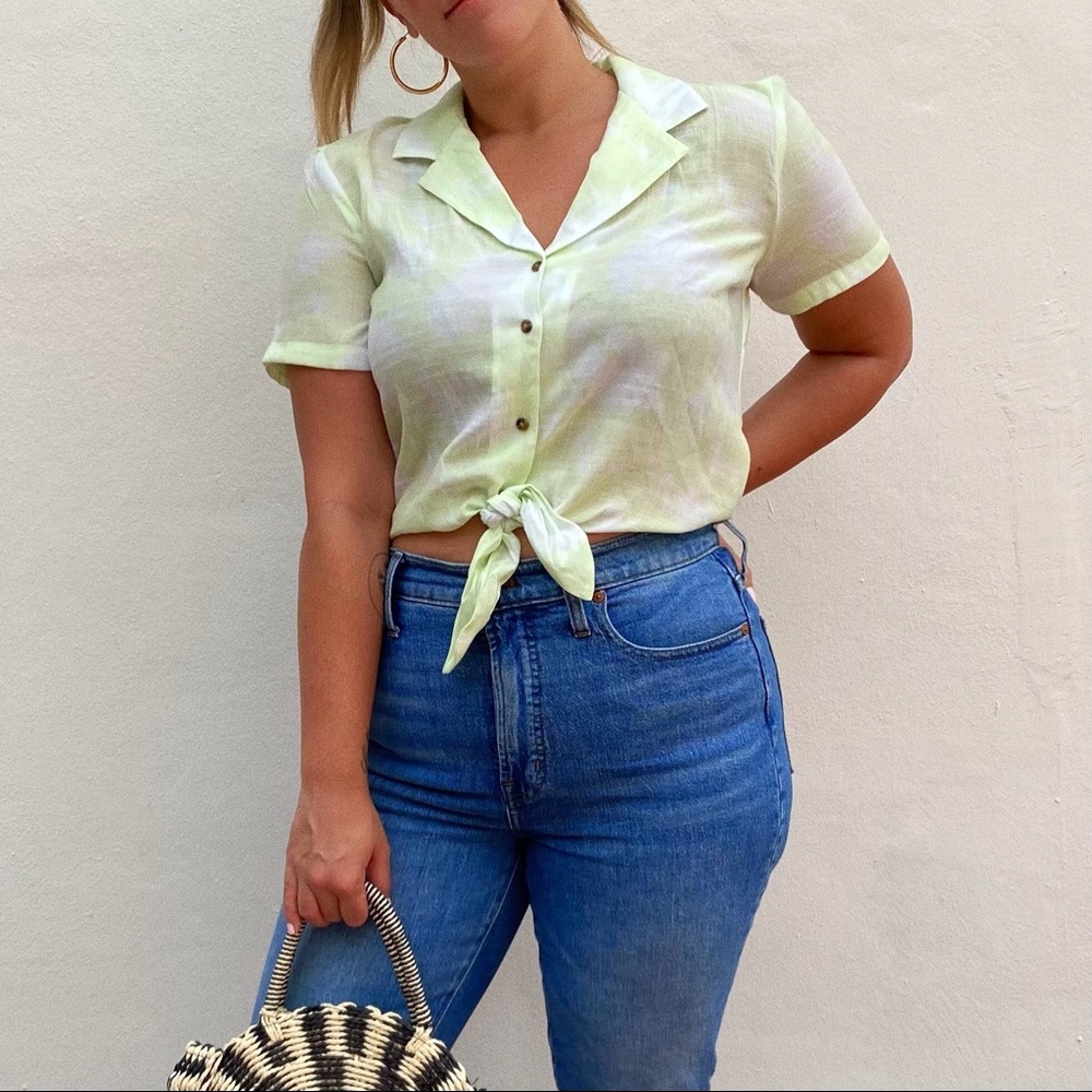 Candie’s | Lime Green Linen Tie Dye Button Down Tie Front Top